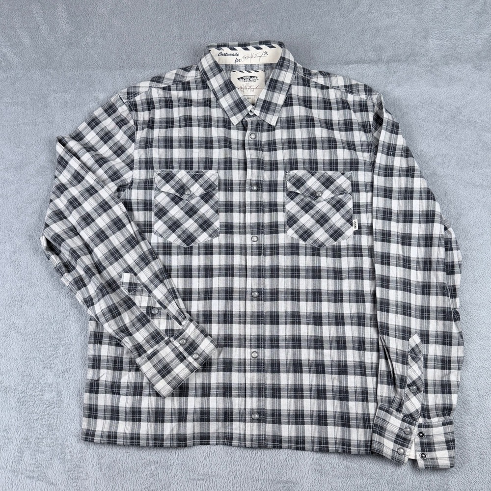 Vans Anthony Van Engelen AVE Plaid Flannel Snap Shirt Mens Large Black White